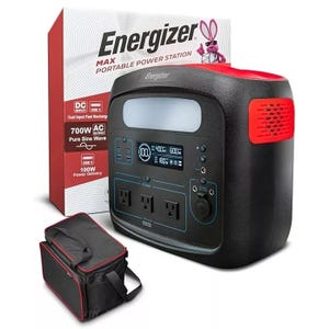 Energizer Max portable power station with 700W AC output and 100W USB-C Power Delivery, featuring dual input fast recharge. Includes a carrying case.