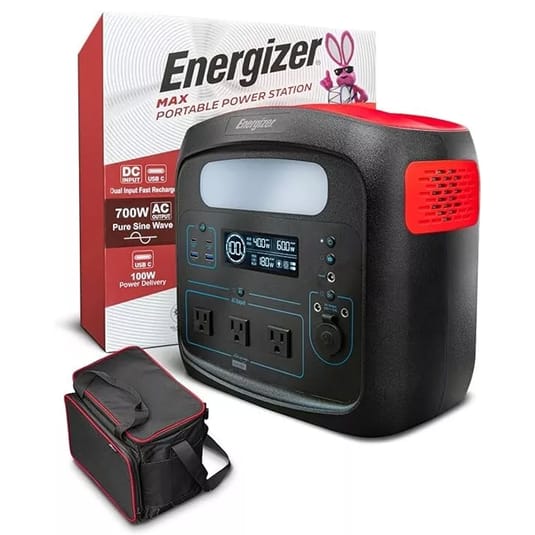 Energizer Max portable power station with 700W AC output and 100W USB-C Power Delivery, featuring dual input fast recharge. Includes a carrying case.