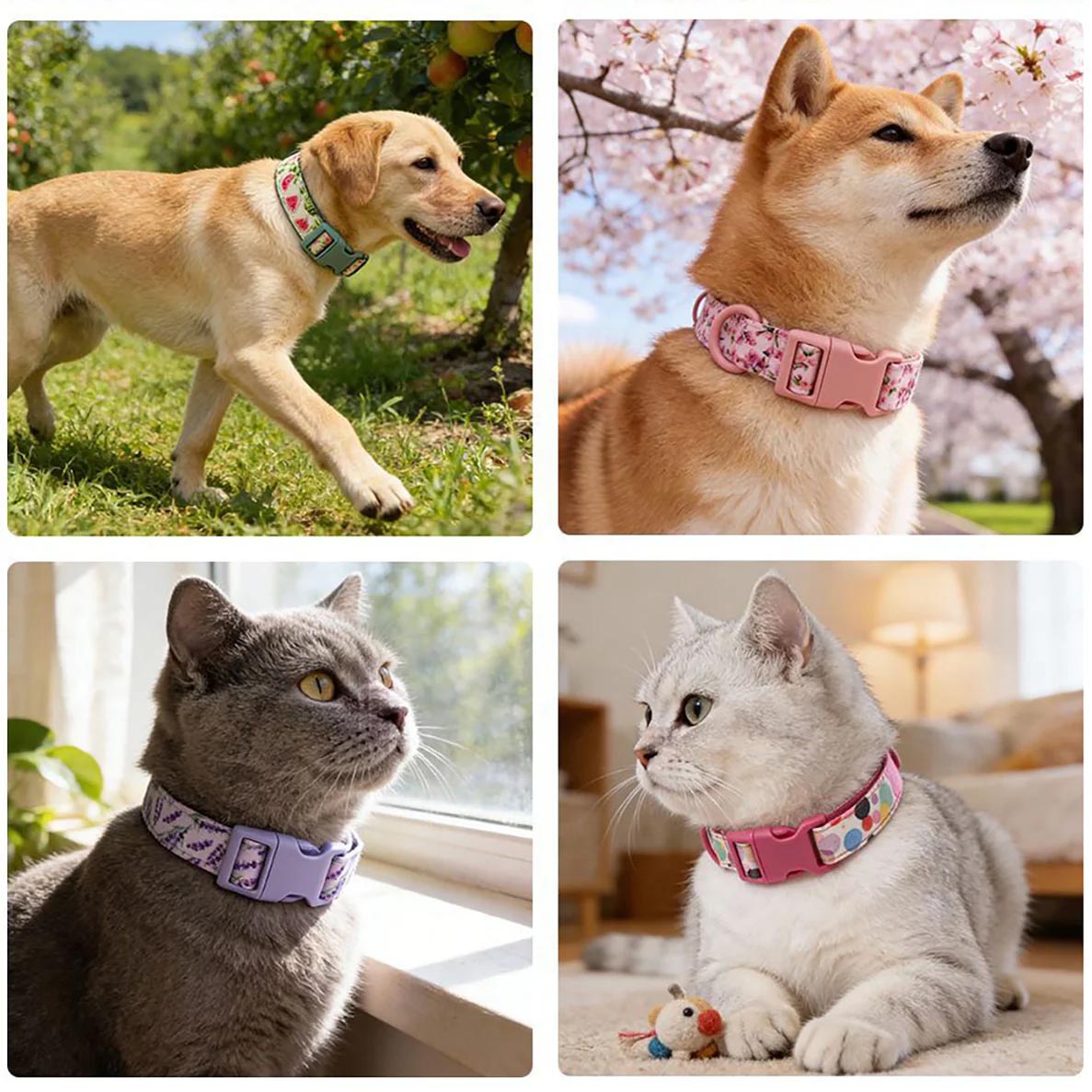 Four pets wearing decorative collars: two dogs and two cats with floral and pattern designs in outdoor and indoor settings.