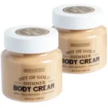 Two jars of Beekman 1802 Pot of Gold Shimmer Body Cream, featuring mica, silk proteins, and goat milk, each with an 8.0 fl oz (236 ml) capacity.