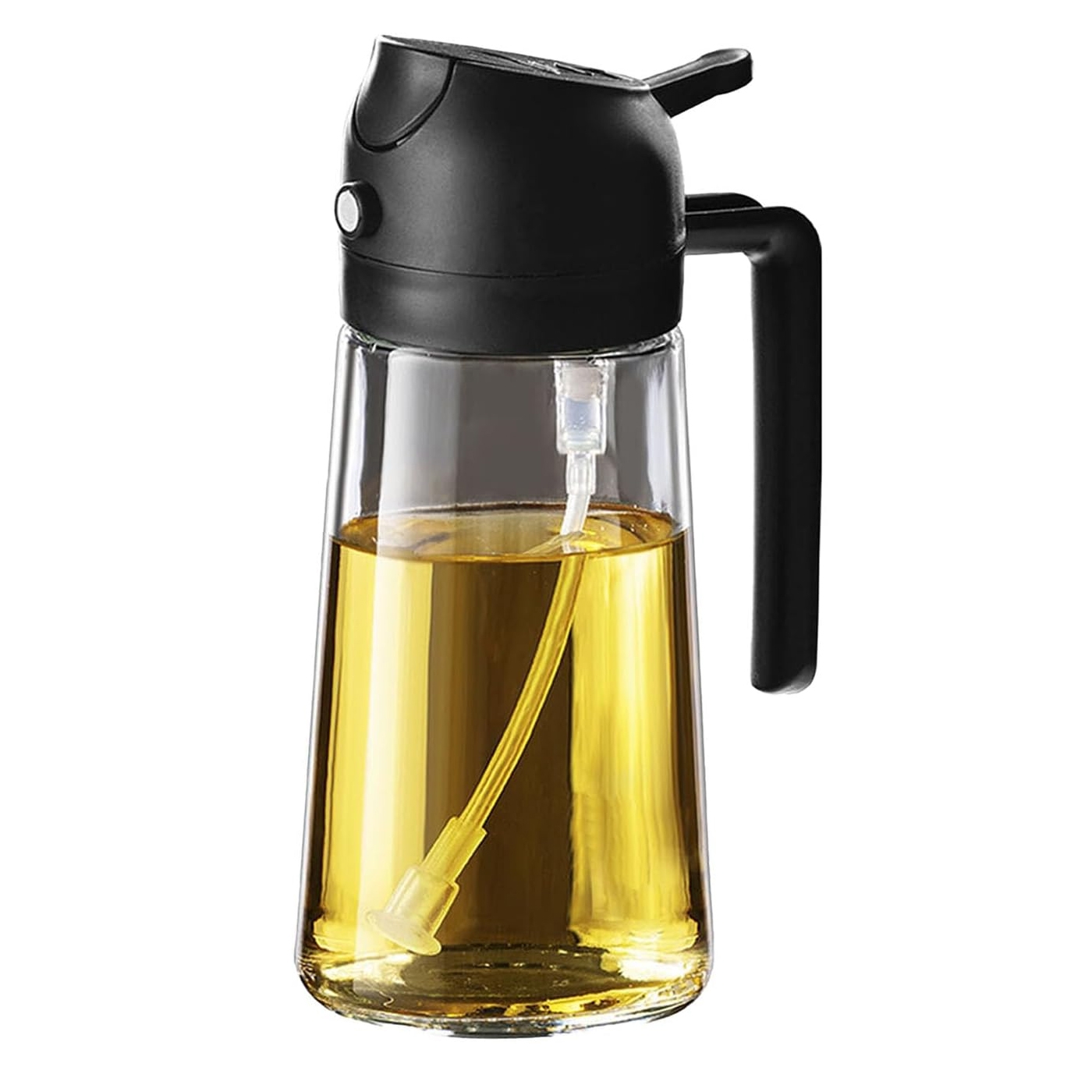 A clear glass container with a black handle and spout, designed for dispensing and spraying cooking oil, featuring a tube and pump mechanism for controlled pouring or spraying.