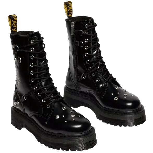 Black lace-up combat boots with silver studs, thick soles, and a zipper on the side. Featuring a branded pull tab at the back.