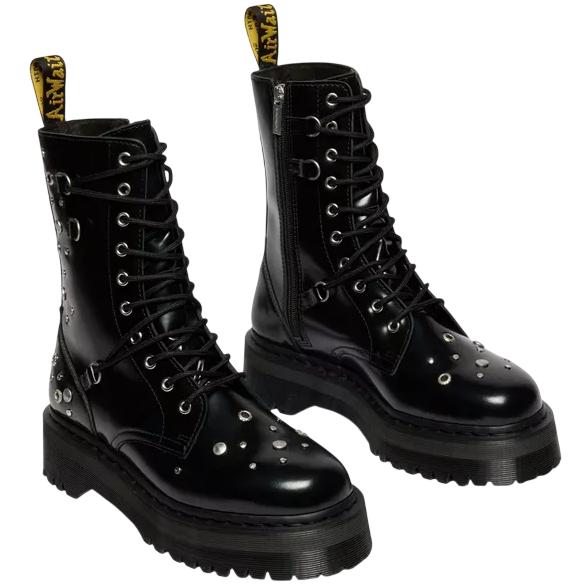 Black lace-up combat boots with silver studs, thick soles, and a zipper on the side. Featuring a branded pull tab at the back.