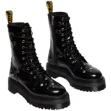 Black lace-up combat boots with silver studs, thick soles, and a zipper on the side. Featuring a branded pull tab at the back.