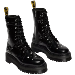 Black lace-up combat boots with silver studs, thick soles, and a zipper on the side. Featuring a branded pull tab at the back.