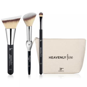 The image shows a 4-piece set of IT Cosmetics Heavenly Luxe brushes, including a flat-top foundation brush, a blush brush, and an eyeshadow brush, along with a makeup bag.