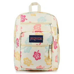 A JanSport backpack with a floral hibiscus print in pink, yellow, and blue on a cream background, featuring multiple zippered compartments and a front logo patch.