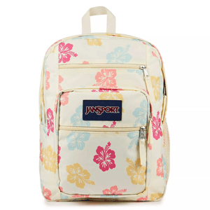 A JanSport backpack with a floral hibiscus print in pink, yellow, and blue on a cream background, featuring multiple zippered compartments and a front logo patch.