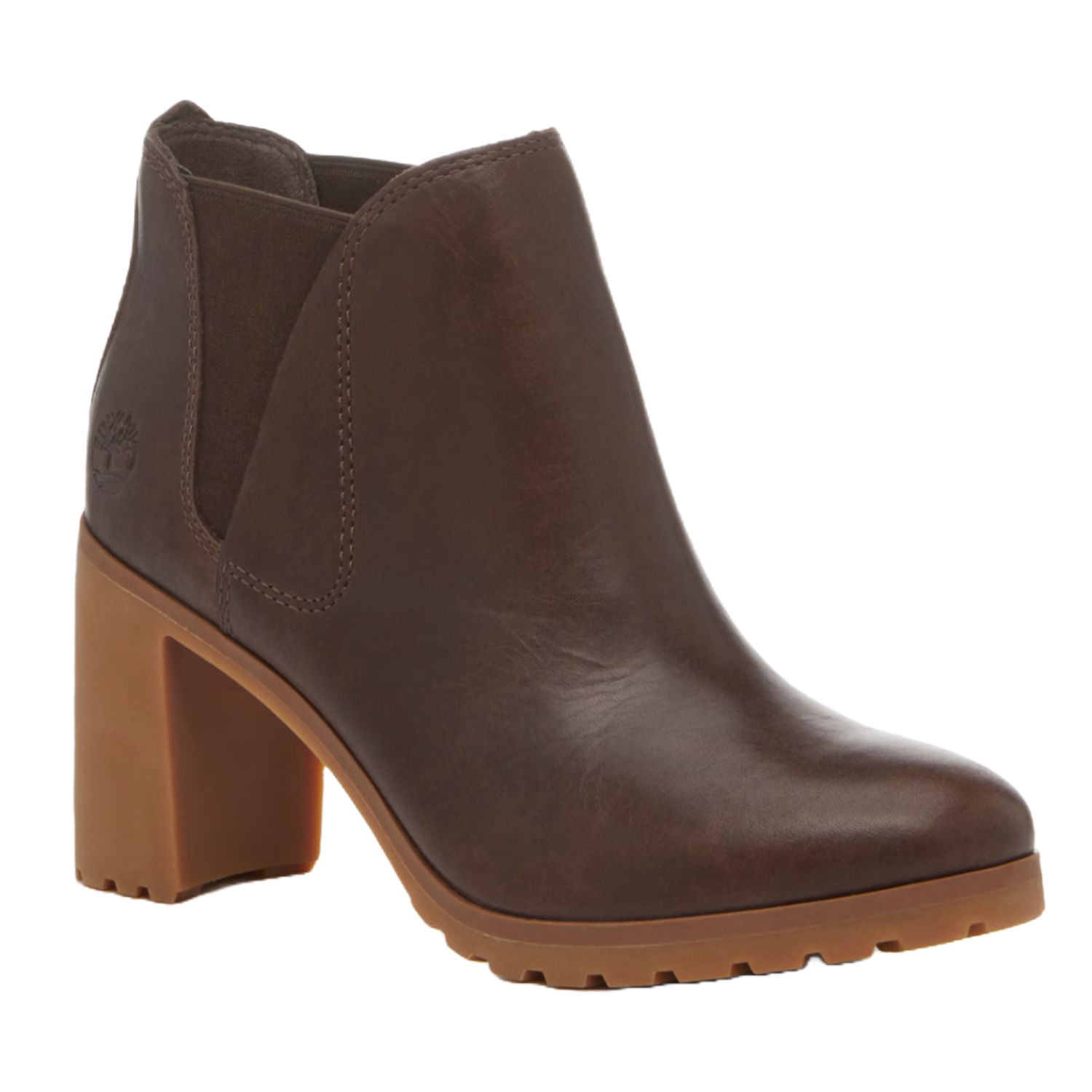 Brown leather ankle boot with a chunky high heel and a stitched front seam, featuring the Timberland logo on the side.