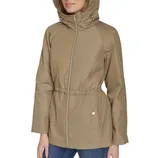 Beige hooded jacket with a front zipper, drawstring waist, and two front pockets, worn over blue jeans.