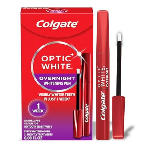 Colgate Optic White Overnight Whitening Pen, designed to provide visibly whiter teeth in one week with an enamel-safe, no-sensitivity formula. Includes 0.08 fl oz for 21 nightly treatments.