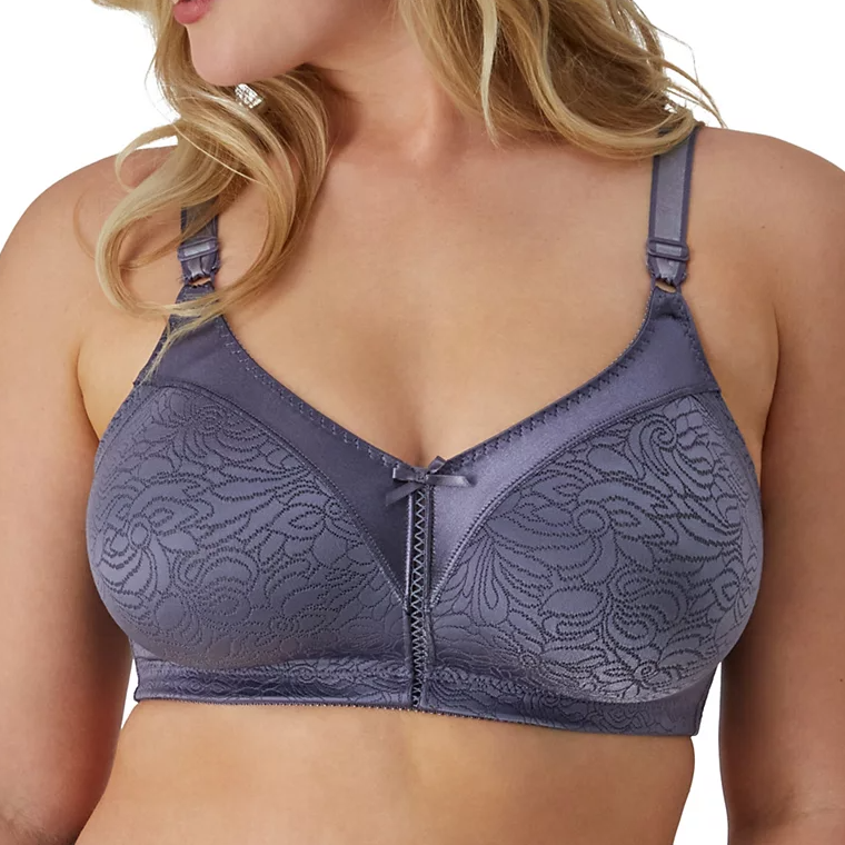 A lace-patterned, wireless bra in a slate blue color with a front closure and adjustable straps.
