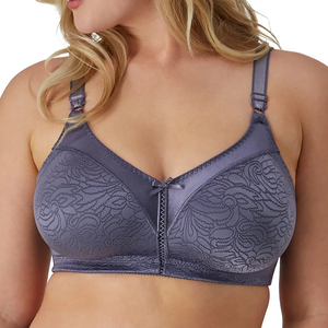 A lace-patterned, wireless bra in a slate blue color with a front closure and adjustable straps.