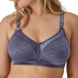 A lace-patterned, wireless bra in a slate blue color with a front closure and adjustable straps.
