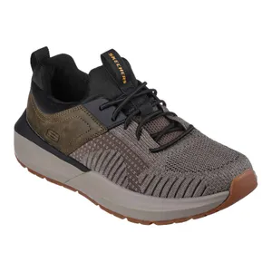 Skechers Men's Sneakers feature a knitted upper with a lace-up closure, blending brown and gray tones. The shoe includes a cushioned midsole and a textured outsole for comfort and traction.