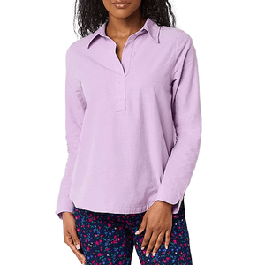 A lavender St. John's Bay tunic top with a V-neck placket and a pointed collar, featuring long sleeves.