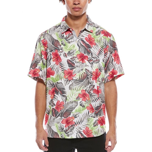 A short-sleeve Hawaiian shirt featuring a tropical floral pattern with red flowers and green leaves.