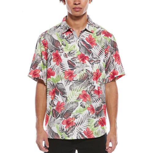 A short-sleeve Hawaiian shirt featuring a tropical floral pattern with red flowers and green leaves.