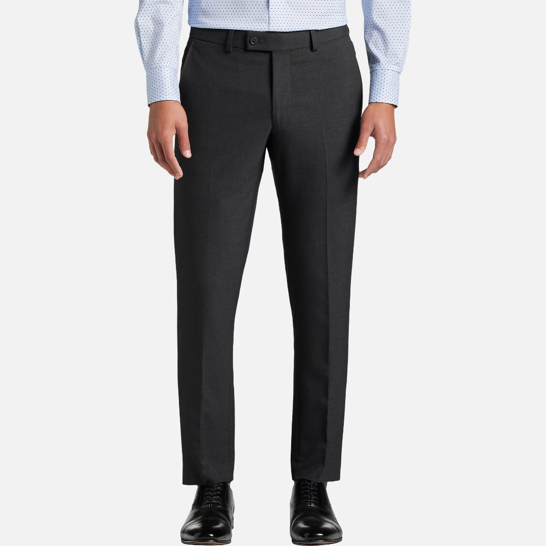A pair of men's dark gray dress trousers and black dress shoes.