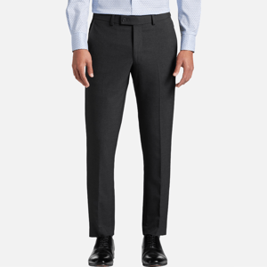 A pair of men's dark gray dress trousers and black dress shoes.