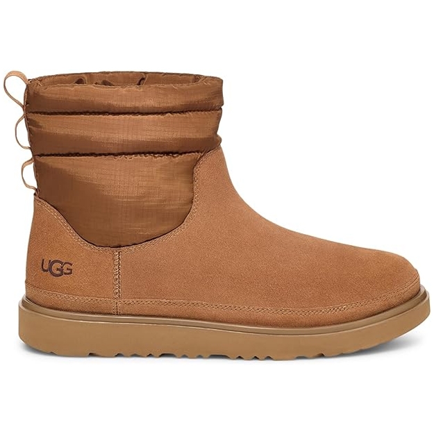 UGG Men's Minimod Boots feature a brown suede exterior with a quilted nylon upper, a tan sole, and logo detailing on the side, providing a blend of style and comfort.