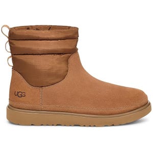 UGG Men's Minimod Boots feature a brown suede exterior with a quilted nylon upper, a tan sole, and logo detailing on the side, providing a blend of style and comfort.