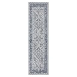 A narrow, rectangular runner rug with a detailed floral and geometric pattern in shades of gray and blue, featuring a decorative border.