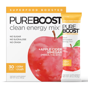 Pureboost Clean Energy Mix features apple cider vinegar with no sugar or sucralose. Comes in 30 packets, flavor is Cider Crush.