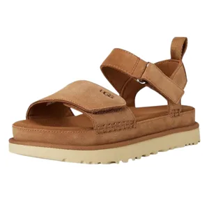 Tan open-toe platform sandal with a thick sole, adjustable straps, and casual design.