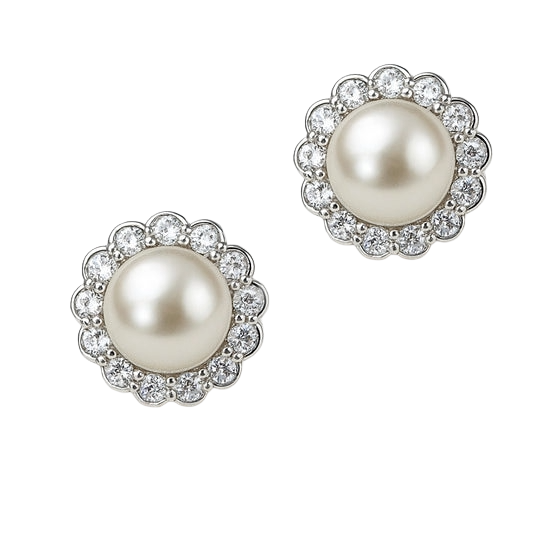 A pair of earrings featuring large central pearls surrounded by a scalloped halo of sparkling diamonds.