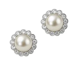 A pair of earrings featuring large central pearls surrounded by a scalloped halo of sparkling diamonds.