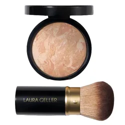 Compact face powder with a marbled design in a black round compact, paired with a retractable kabuki brush labeled \“Laura Geller.\“