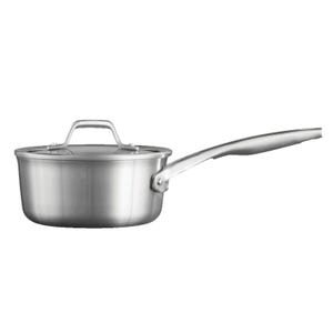 A stainless steel saucepan with a long handle and a lid.