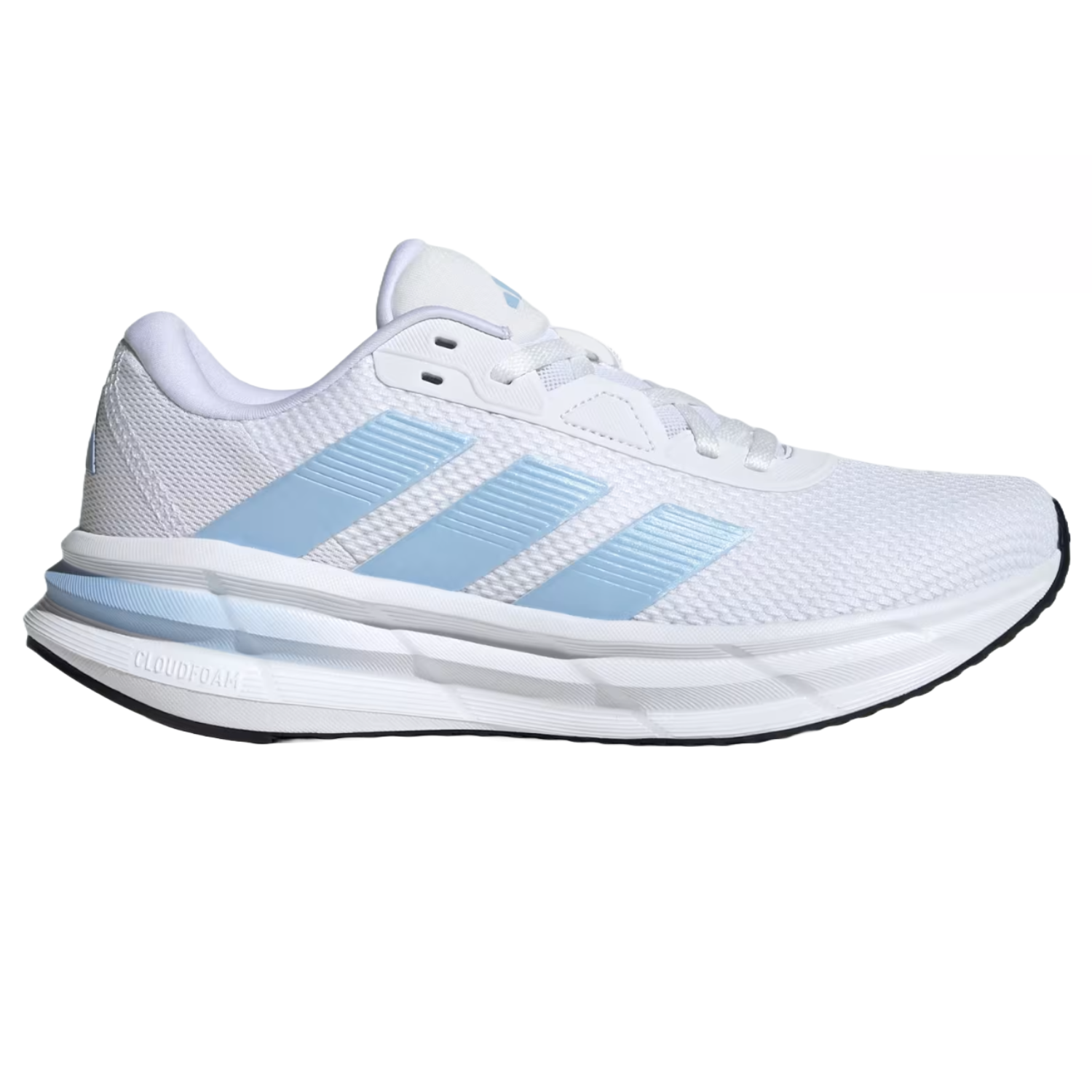 Adidas Galaxy 7 Running Shoes feature a white mesh upper with light blue stripes, cushioned with Cloudfoam technology, and a durable black outsole, designed for comfort and performance.