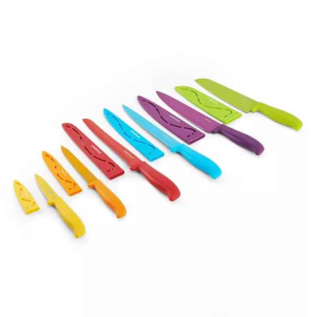 A set of six colorful kitchen knives with matching protective covers, each in a different color. The knives vary in size, suitable for various kitchen tasks.