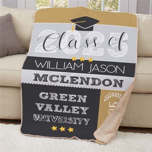 A personalized graduation blanket features a \“Class of 2023\“ design with a graduation cap, name \“William Jason McLendon,\“ and \“Green Valley University.\“