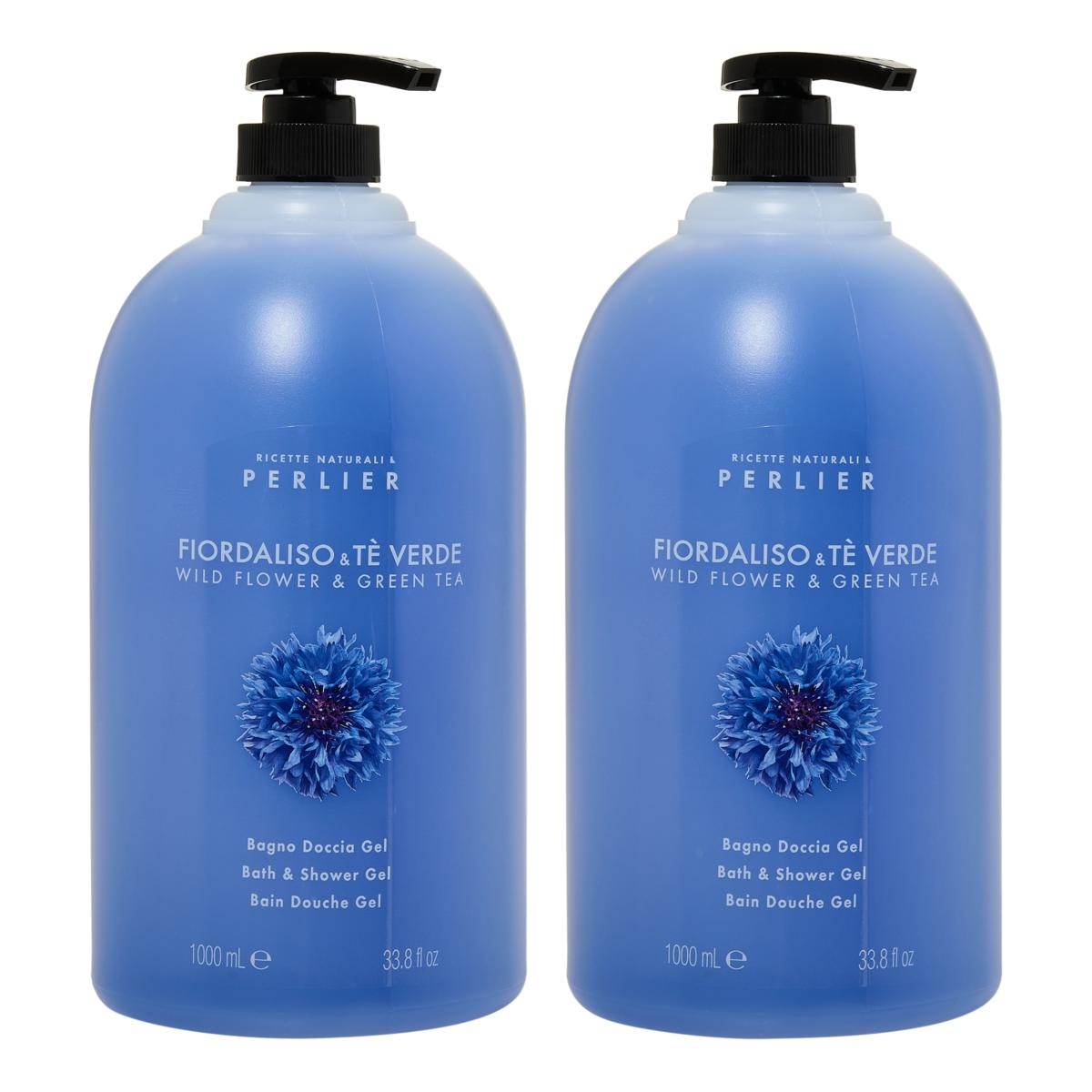 Two bottles of Perlier Bath & Shower Gel, featuring Wild Flower & Green Tea scent, each 1000 mL (33.8 fl oz) in size.