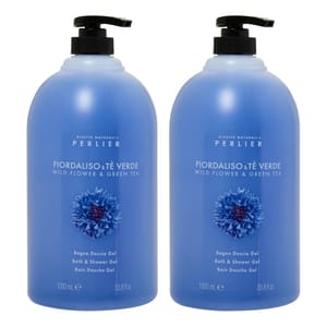Two bottles of Perlier Bath & Shower Gel, featuring Wild Flower & Green Tea scent, each 1000 mL (33.8 fl oz) in size.