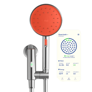 A smart showerhead with Bluetooth connectivity features water and energy tracking, accompanied by a smartphone app displaying usage data and savings.