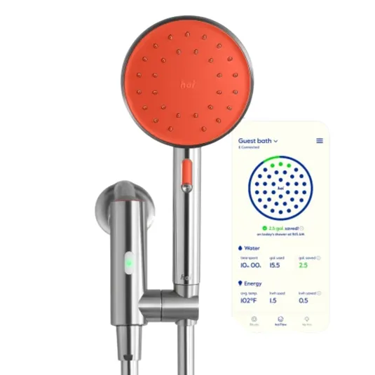 A smart showerhead with Bluetooth connectivity features water and energy tracking, accompanied by a smartphone app displaying usage data and savings.