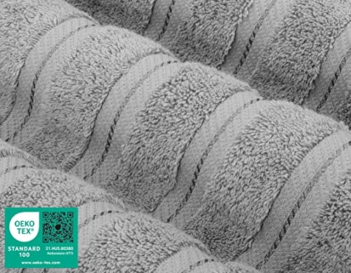 Gray striped Turkish cotton towels with a textured pattern, certified by OEKO-TEX for safety in materials.