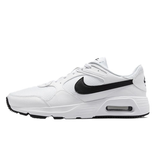 Nike Men’s Air Max SC Shoes feature a white mesh and synthetic upper with a black Swoosh, visible Air unit in the heel, and a rubber outsole for traction. Designed for style and comfort.