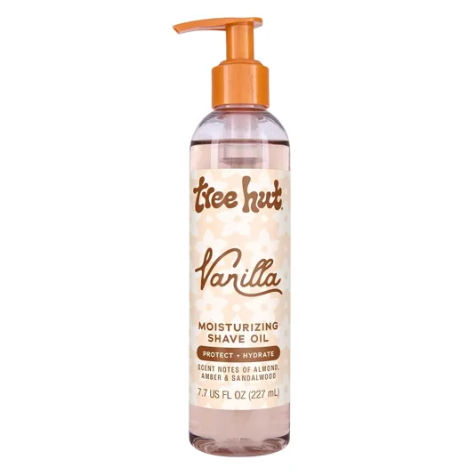 Tree Hut Vanilla Moisturizing Shave Oil, 7.7 fl oz (227 mL), with scent notes of almond, amber, and sandalwood. Protects and hydrates.