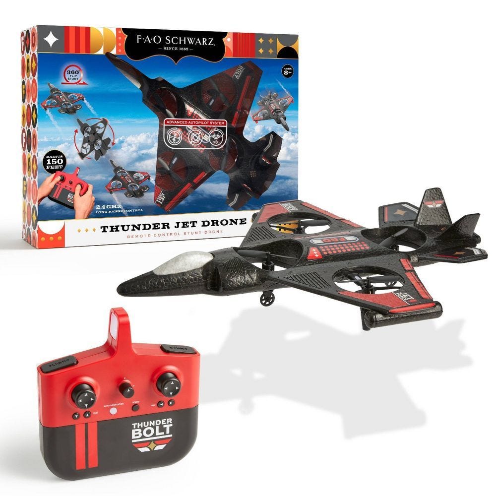 FAO Schwarz Thunder Jet Drone with remote control, featuring a 360-degree stunt capability and a 150-foot range. Designed for ages 8 and up, it includes an advanced autopilot system and operates on a 2.4 GHz frequency.