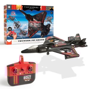 FAO Schwarz Thunder Jet Drone with remote control, featuring a 360-degree stunt capability and a 150-foot range. Designed for ages 8 and up, it includes an advanced autopilot system and operates on a 2.4 GHz frequency.