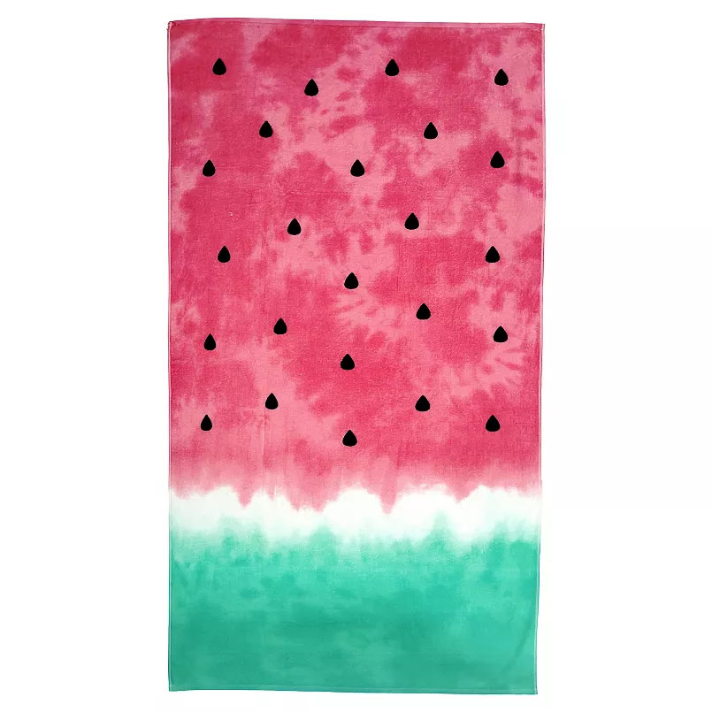 The Big One Beach Towel features a watermelon design, blending pink with black seed shapes, and a teal green base.