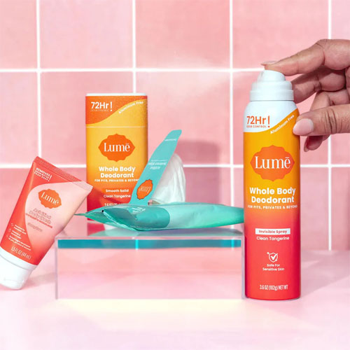 Lume Whole Body Deodorant in various forms, including a 3 oz spray, cream tube, and wipes, all labeled as providing 72-hour odor protection with the scent \“Clean Tangerine.\“