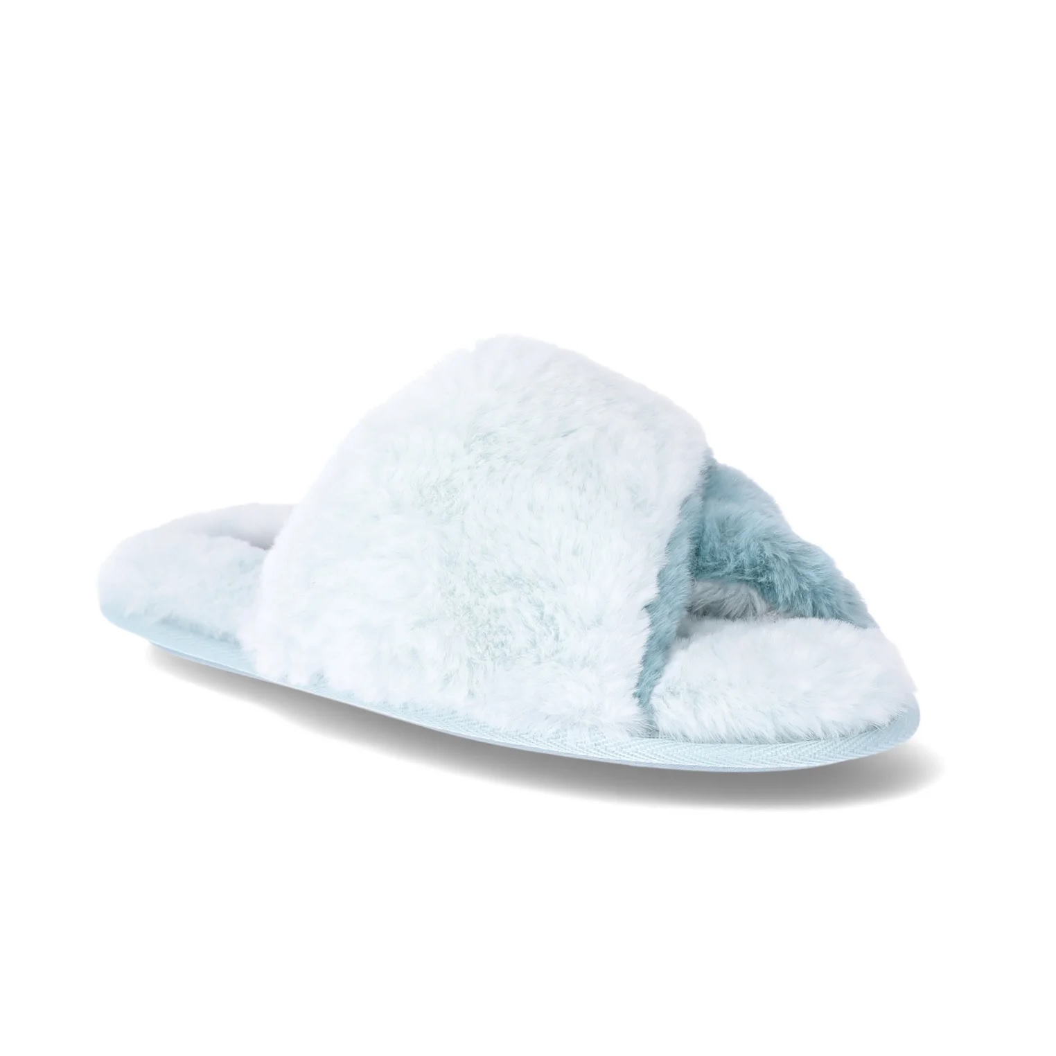 Light blue, open-toe, fuzzy slippers with a plush, fluffy texture covering the strap and footbed for indoor comfort.