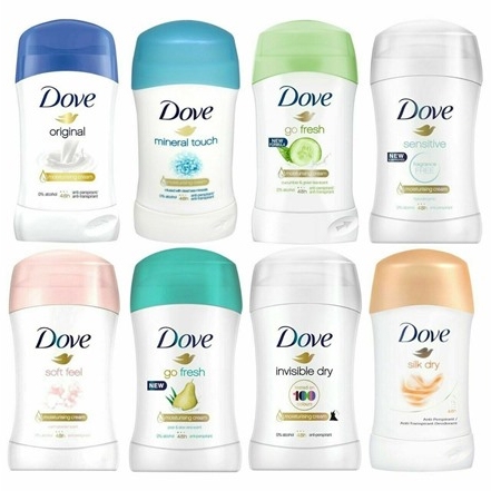 A collection of eight Dove deodorant sticks, featuring varieties like Original, Mineral Touch, Go Fresh in different scents, Sensitive, Soft Feel, Invisible Dry, and Silk Dry, each with unique packaging colors corresponding to the type.