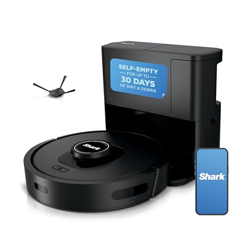 Shark robot vacuum with a self-emptying base capable of handling dirt and debris for up to 30 days, accompanied by a remote control and cleaning brush attachment.